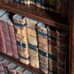 Close-up of vintage leather-bound books on rustic wooden shelves with warm lighting.